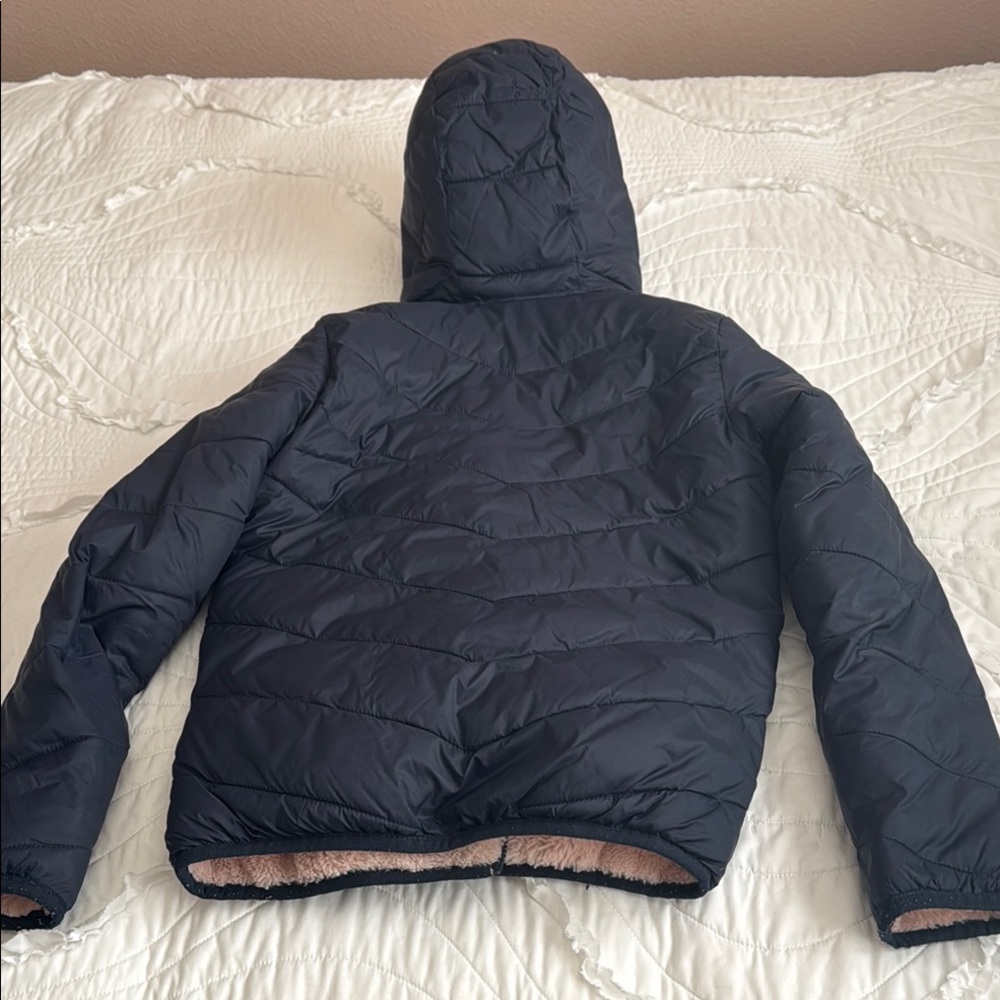 Navy Puffer Jacket with Pink Lining